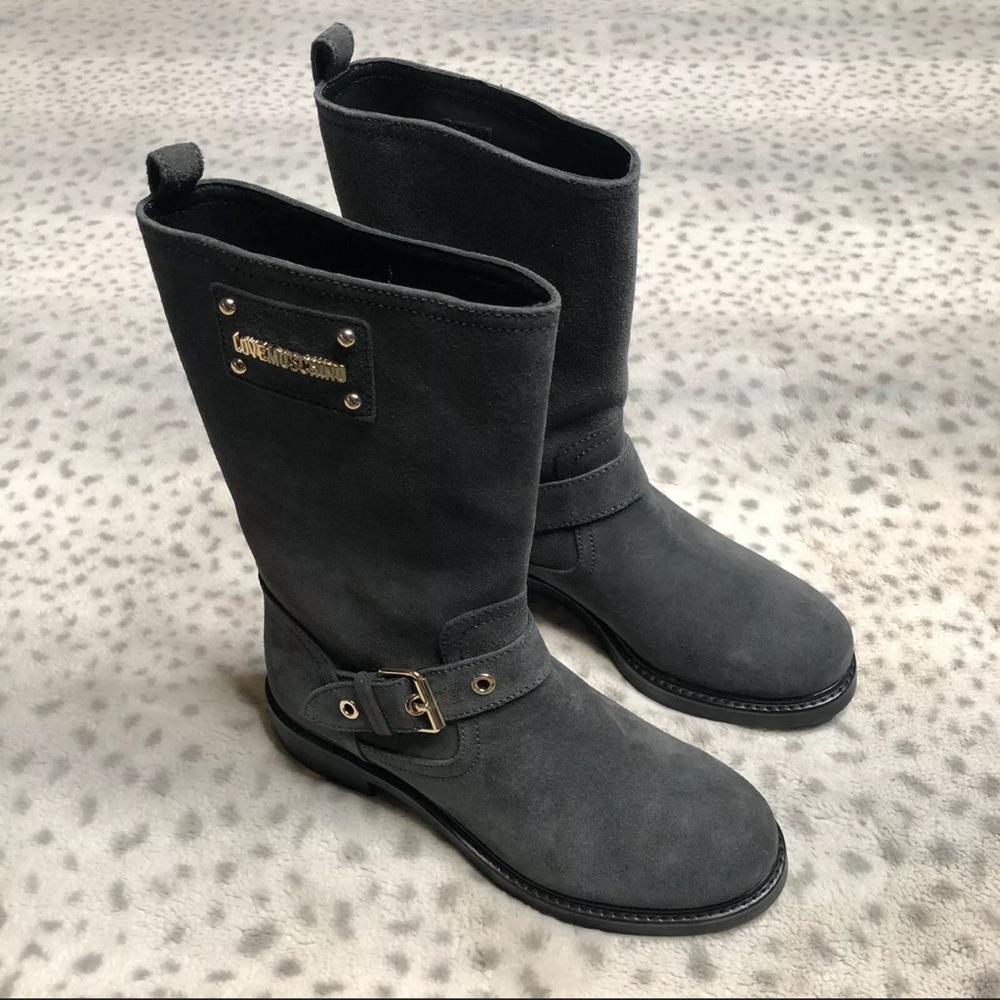 New Love Moschino Grigio Leather Boots Buckle
